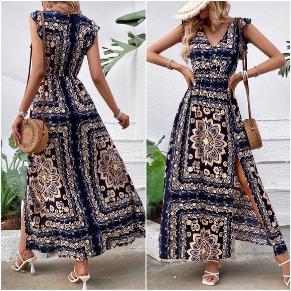 Boho Floral Print V neck Ruffle Sleeve Maxi Dress - Picture 9 of 9